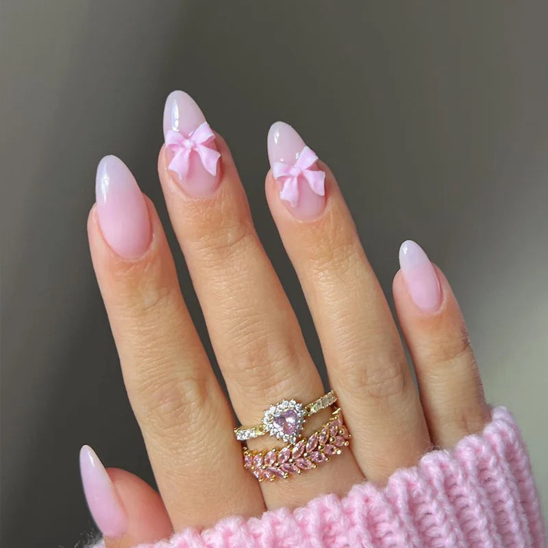 24 pièces doux oeil de chat français presse sur ongles diamant pointu tridimensionnel nœud papillon portable ongles pour femmes et fille amande ongles