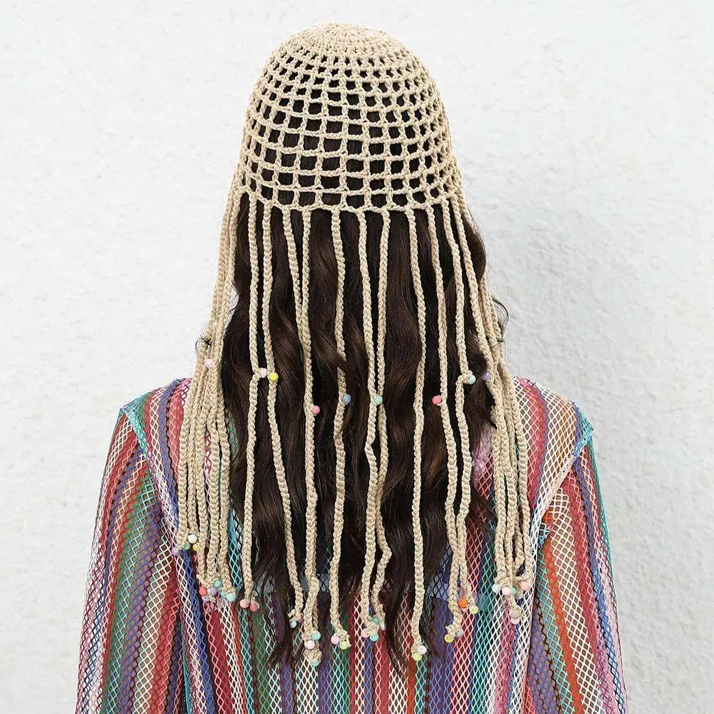 Chapeau tricoté ajouré respirant, béret Y2k fait à la main avec perles et pompons, chapeaux décontractés au Crochet pour femmes