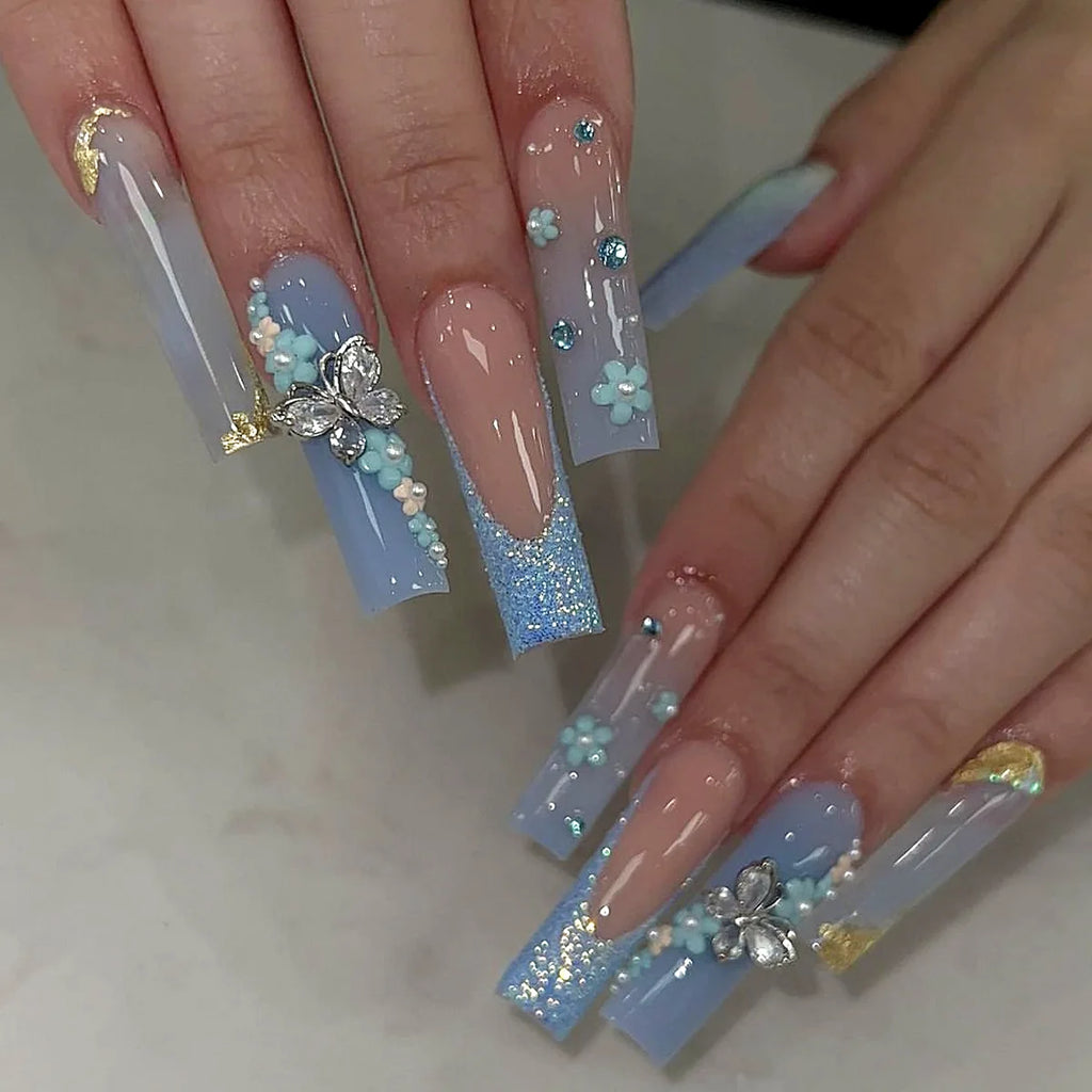 24 pièces – faux ongles longs carrés style français, design cœur 3D, ongles press-on avec strass, motif décoratif, faux ongles portables pour nail art