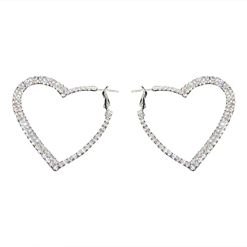 Boucles d’oreilles cœur en cristal brillant couleur argent, style mode, pour femmes, au style exagéré et original, grandes boucles d’oreilles en forme de cœur, bijoux pour mariage et soirée.