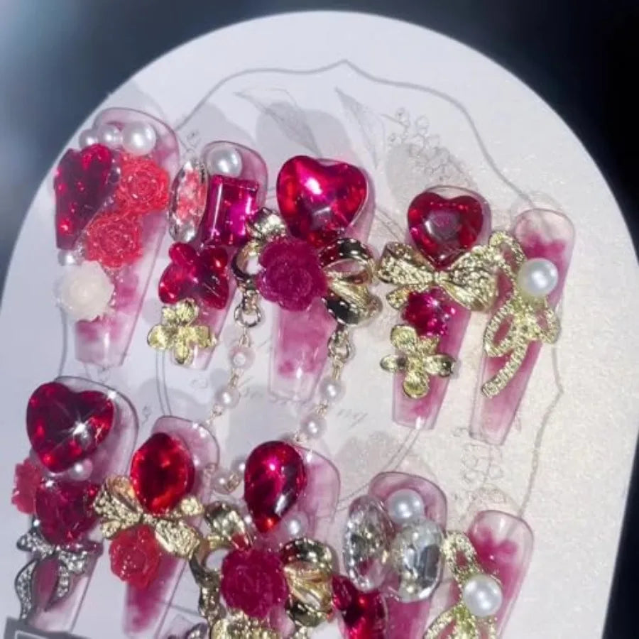 Faux Ongles de Luxe à Presser - Longs Ongles Cercueil 3D Faits Main Roses Mignons Réutilisables avec Strass, DIY Artificiels