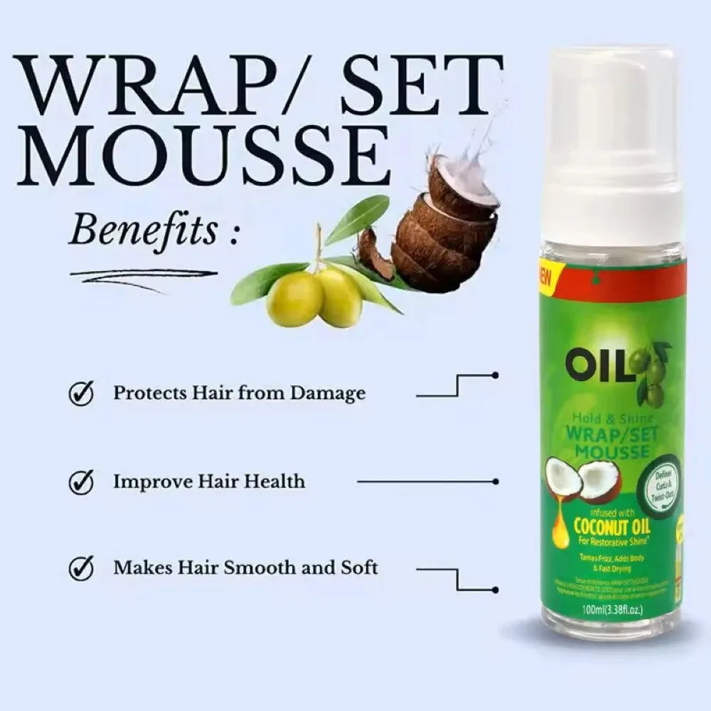 Mousse pour cheveux bouclés (100 ml) – Mousse coiffante pour perruques et cheveux naturels, à tenue forte avec huile d’olive. Mousse anti-frisottis pour définir et fixer les boucles