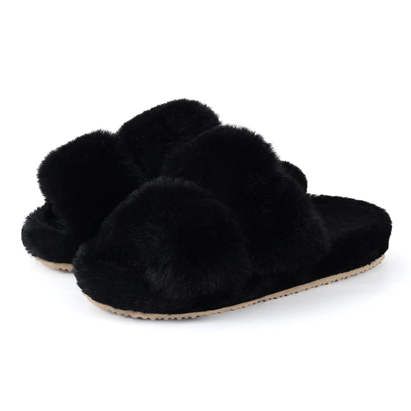 Evshine nouvelles mules à bout ouvert en fausse fourrure, chaussons d’intérieur chauds pour femme. Sandales d’intérieur tendance en peluche, confortables et moelleuses, chaussures de maison pour femme, chaussons d’hiver duveteux.