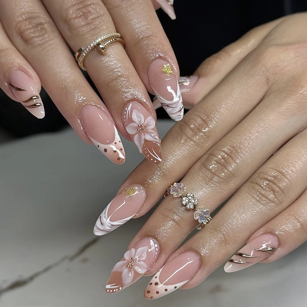 Faux ongles 3D pour femmes et filles, dégradé de fleurs en relief marron bleu avec strass, pointes d'amande d'automne et d'hiver à pression sur les faux ongles