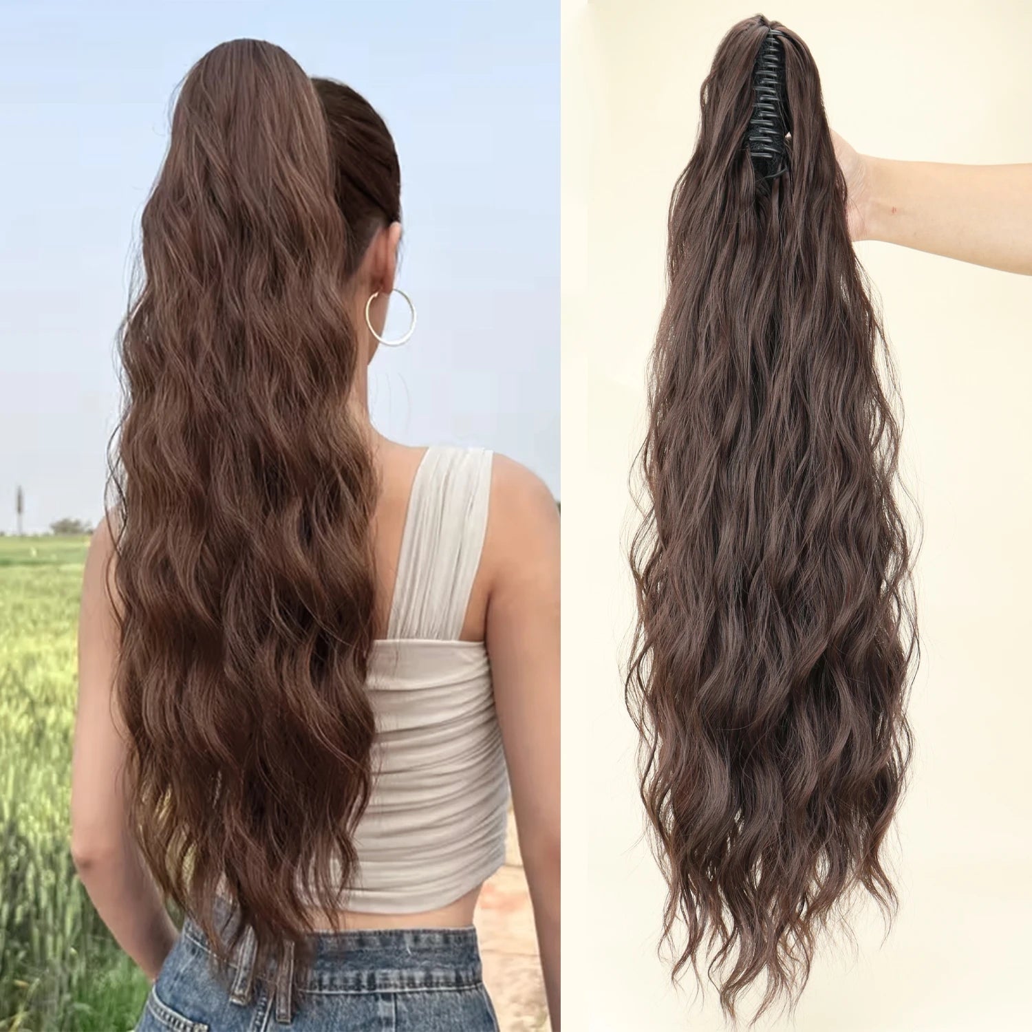Queue de cheval synthétique ondulée effet Water Wave à pince, noire ou blonde, en fibre résistante à la chaleur, volumineuse et légèrement décoiffée, extension de cheveux pour femmes.