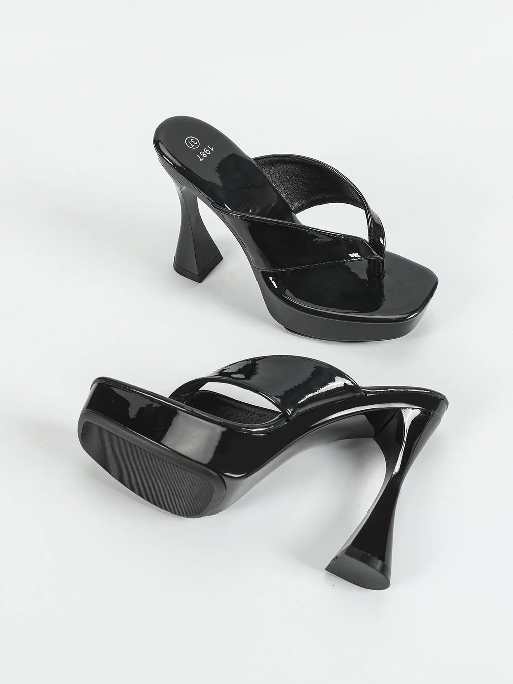 Sandales à bout carré pour femme – tongs d’été, chaussons estivaux, semelle épaisse 12 cm, mules à talons hauts avec séparateur d’orteil, chaussures noires d’extérieur pour femme