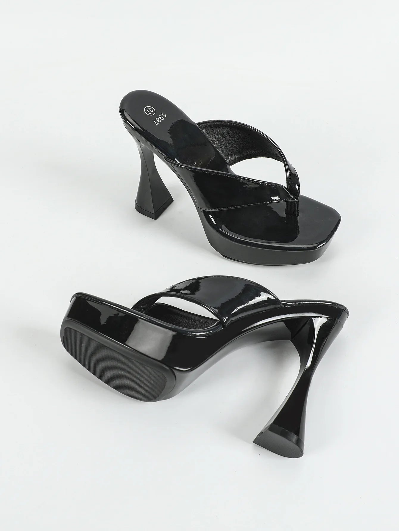 Sandales à bout carré pour femme – tongs d’été, chaussons estivaux, semelle épaisse 12 cm, mules à talons hauts avec séparateur d’orteil, chaussures noires d’extérieur pour femme