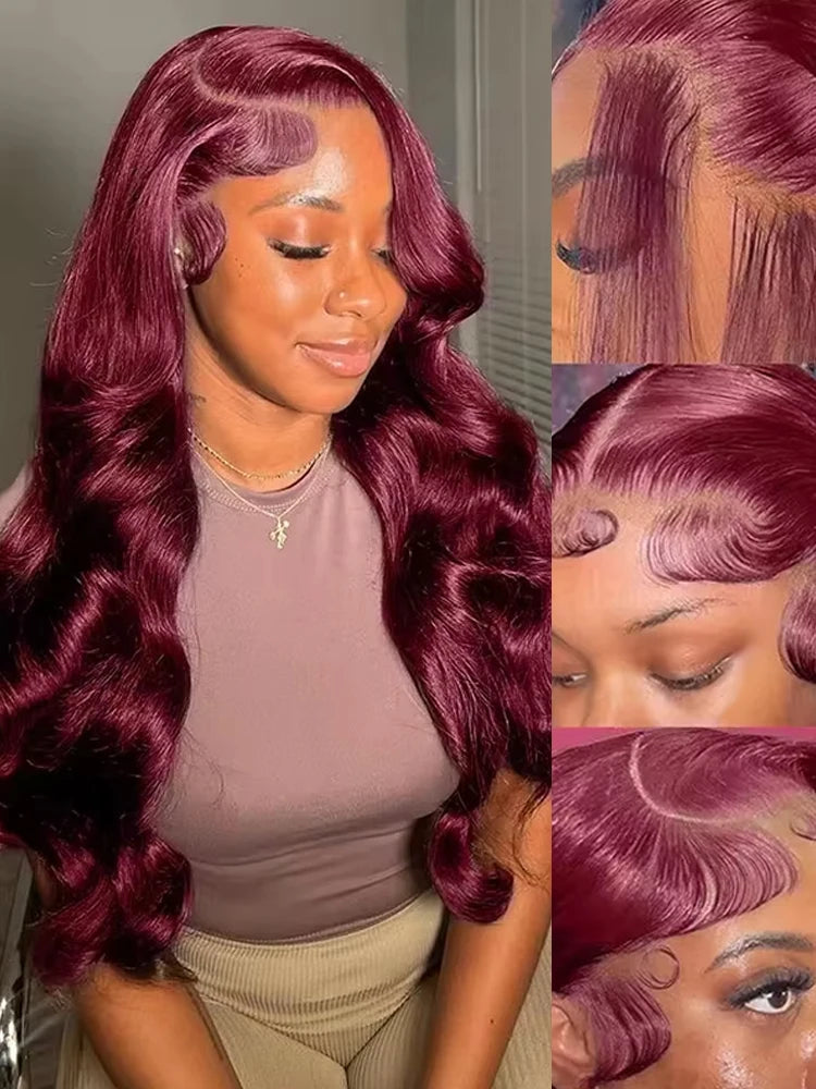 Sublime perruque bordeaux 99J en cheveux humains 100 % naturels avec texture Body Wave. Dentelle HD 13x4 ou 13x6 pour un effet cuir chevelu ultra réaliste. Ligne capillaire pré-épilée pour un rendu naturel, densité 200 %