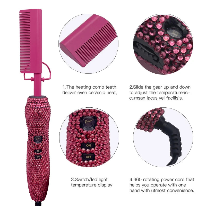 Peigne chaud 2 en 1 peigne chaud lisseur avec strass peigne chauffant électrique pente quente peigne chauffant lisseur cheveux outils
