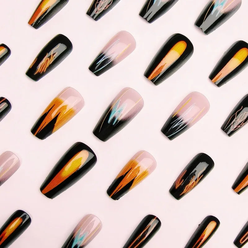 Faux ongles effet dégradé éclatant, texture unique à rayures dégradées, esthétique européenne tendance, patchs pré-finis prêts à poser, amovibles