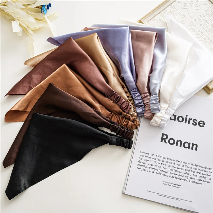 Été femmes couleur unie foulard de cheveux Vintage Triangle Bandanas Satin élastique bandeaux enfants fille bandeaux cheveux accessoires