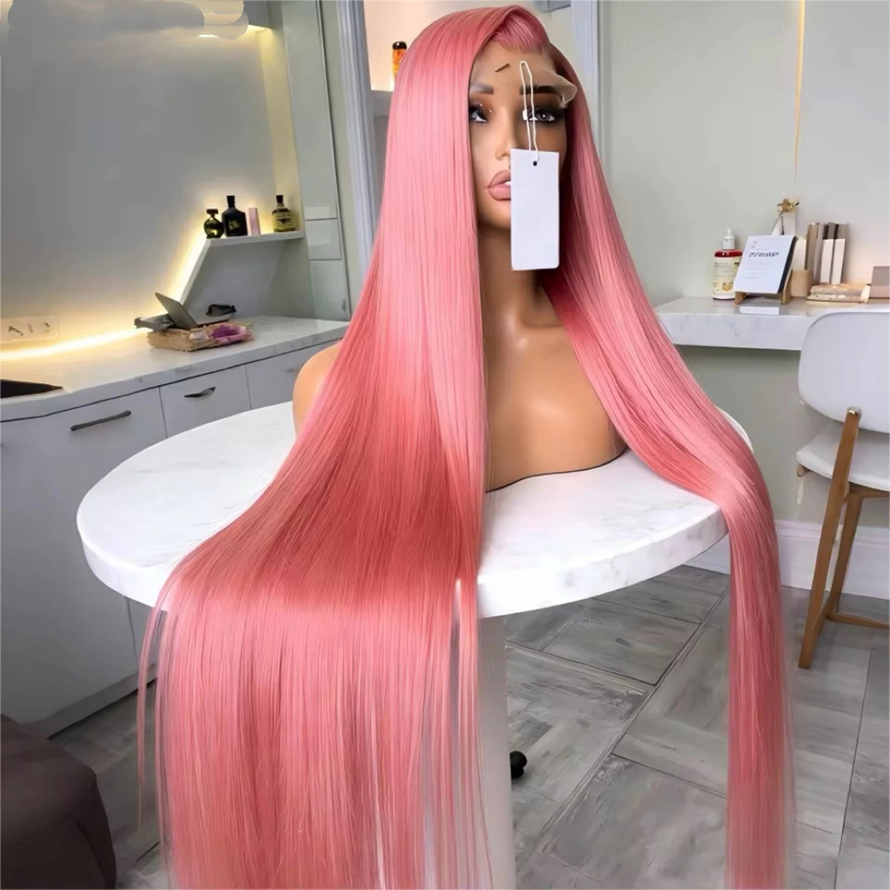 Perruque Lace Frontal Wig synthétique lisse et soyeuse de couleur rose, 13x4x1, sans colle, pre-plucked, pour femmes noires, cheveux doux pour fête quotidienne