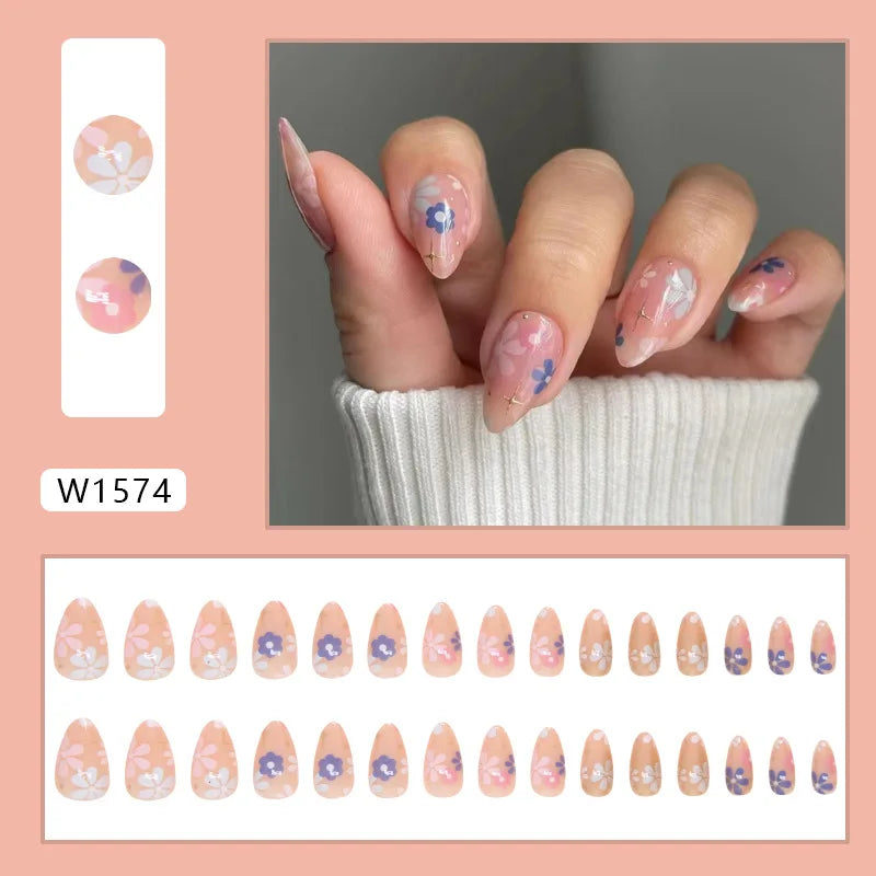 24 pièces de faux ongles à fleurs, style tendance, avec effet dégradé jaune et rose. Ongles portables à couverture complète, forme amande , à poser directement (Press-On Nails).