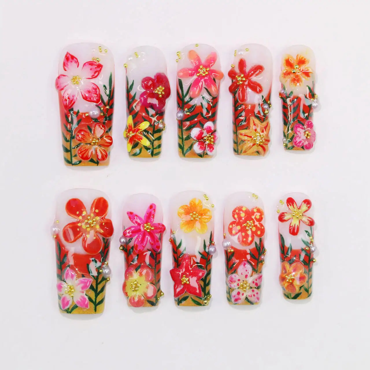 10 pièces 30mm 3D belle manucure faite à la main presse sur les ongles, faux fleurs peintes à la main en acrylique