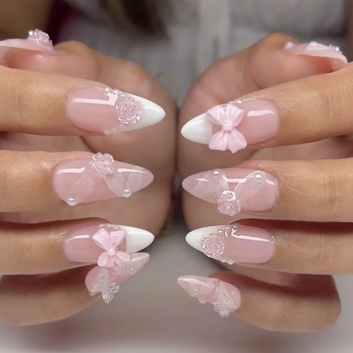 24 pièces doux oeil de chat français presse sur ongles diamant pointu tridimensionnel nœud papillon portable ongles pour femmes et fille amande ongles