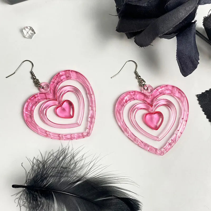 Boucles d’oreilles pendantes superposées en acrylique rose en forme de cœur, style Y2K vintage, pour femmes et filles, bijoux d’été doux pour soirée, accessoires de fête, cadeau.