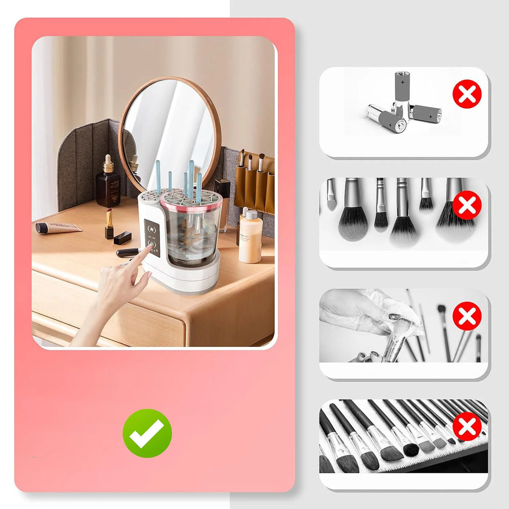 Machine de nettoyage de pinceaux de maquillage électrique 3 en 1 avec séchoir à pinceaux de maquillage, support portable, outil de nettoyage automatique USB pour tous les types de pinceaux de maquillage, fards à paupière