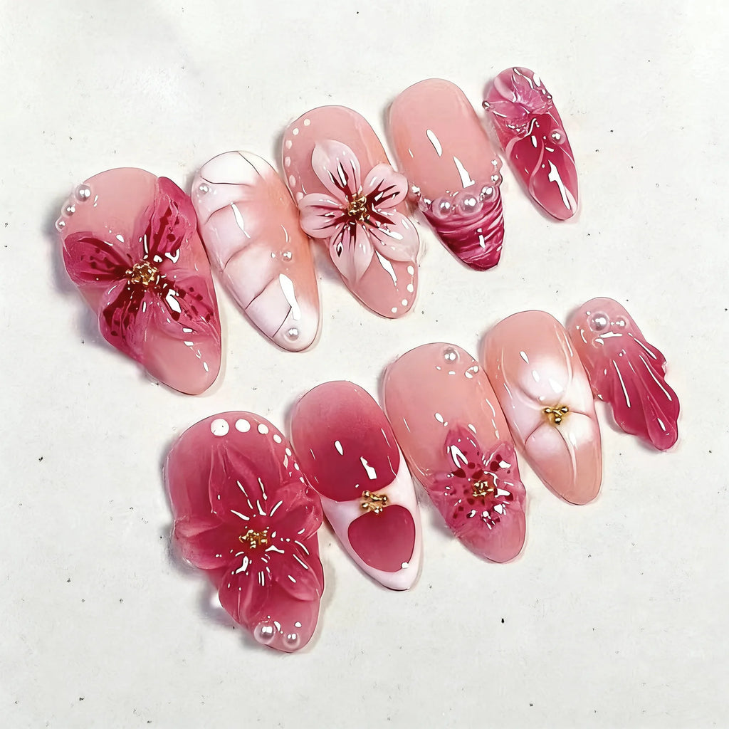 24 pièces mi-long doré amande ongles ensemble presse sur 3D fleur dégradé rose couverture complète faux ongles conseils perle réutilisable faux ongles