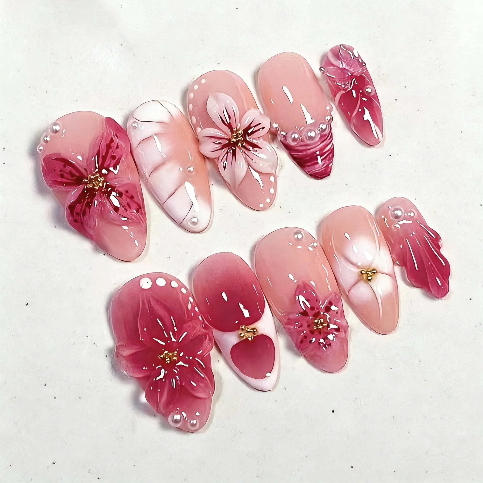 24 pièces mi-long doré amande ongles ensemble presse sur 3D fleur dégradé rose couverture complète faux ongles conseils perle réutilisable faux ongles