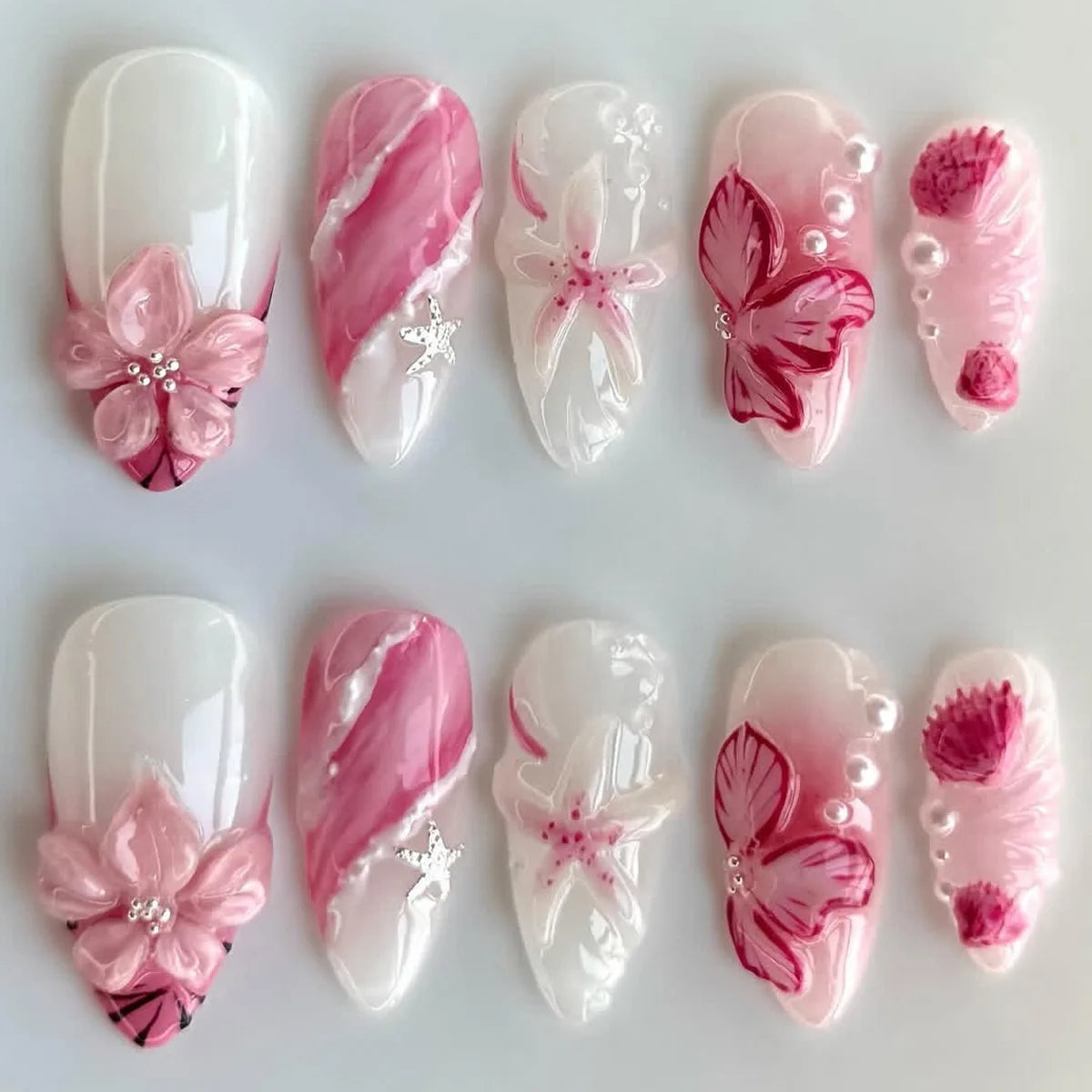 24 pièces mi-long doré amande ongles ensemble presse sur 3D fleur dégradé rose couverture complète faux ongles conseils perle réutilisable faux ongles