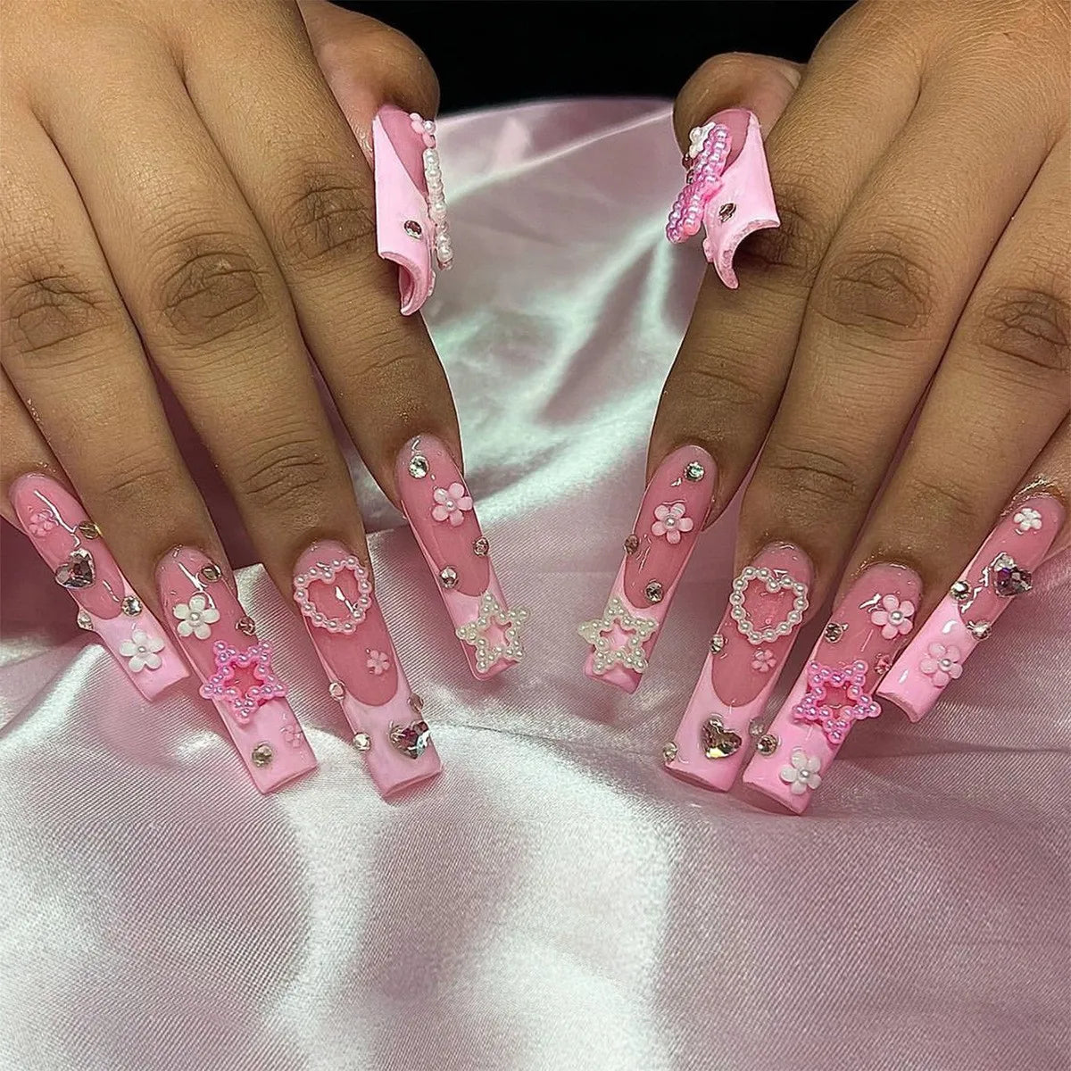 24 faux ongles longs carrés à presser, motif léopard, design cerise 3D, strass, couvrance totale, prêts à poser