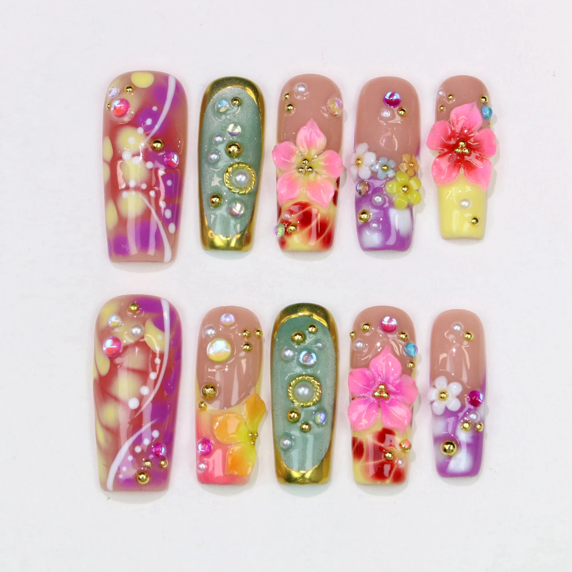 10 pièces 30mm 3D belle manucure faite à la main presse sur les ongles, faux fleurs peintes à la main en acrylique