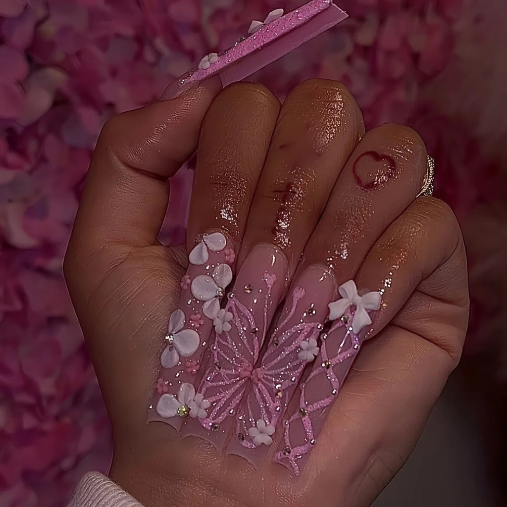 24 faux ongles longs carrés à presser, motif léopard, design cerise 3D, strass, couvrance totale, prêts à poser