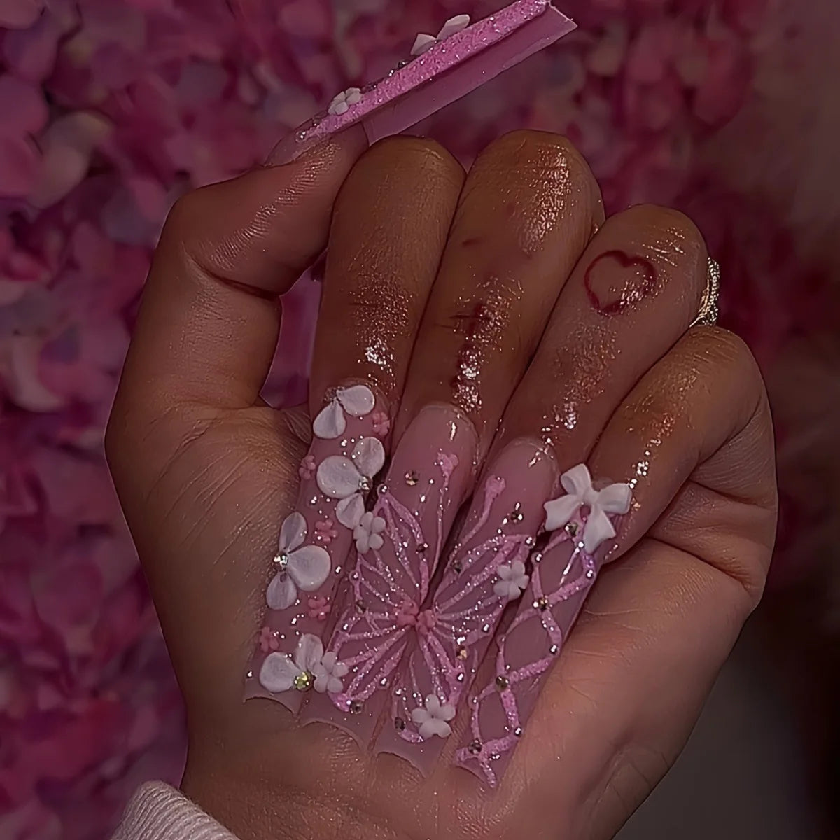 24 faux ongles longs carrés à presser, motif léopard, design cerise 3D, strass, couvrance totale, prêts à poser