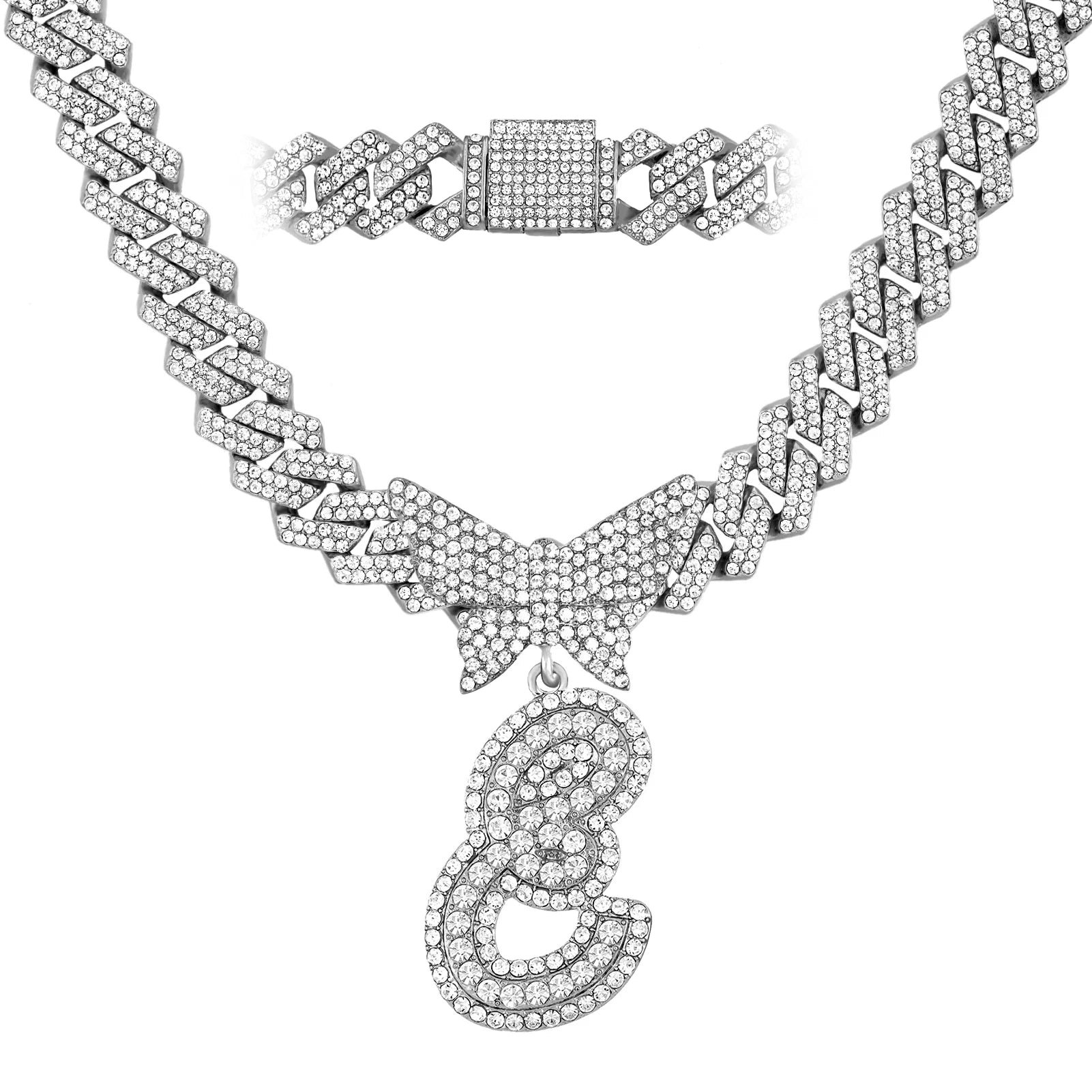 Collier chaîne cubaine 14 mm pour hommes et femmes, avec pendentif papillon en cristal et initiales, lettres cursives style “iced out”, bijou de style rappeur, nouveau bijou de mode.