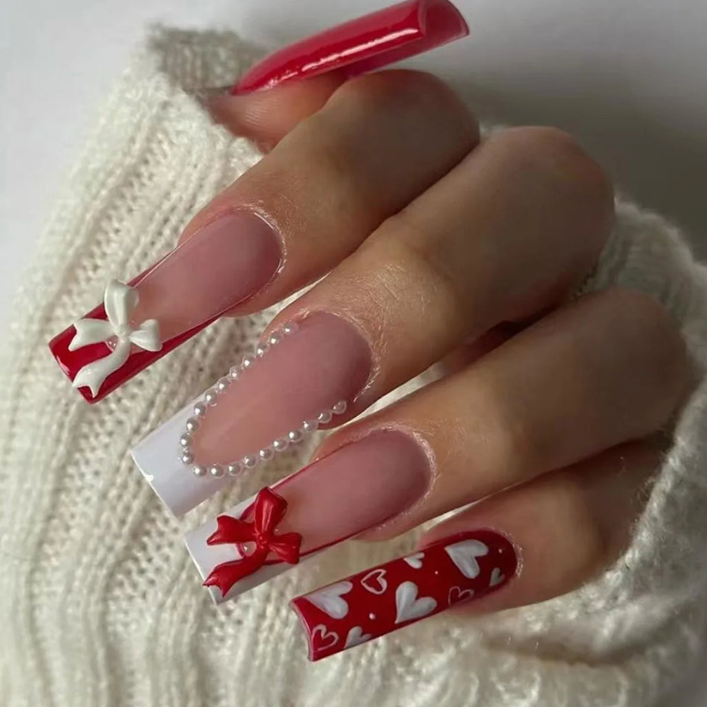 24 faux ongles longs carrés à presser, motif léopard, design cerise 3D, strass, couvrance totale, prêts à poser