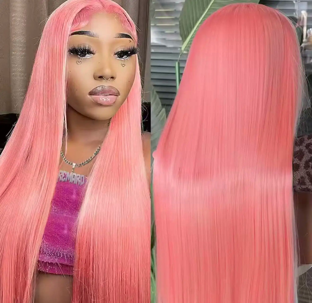 Perruque Lace Frontal Wig synthétique lisse et soyeuse de couleur rose, 13x4x1, sans colle, pre-plucked, pour femmes noires, cheveux doux pour fête quotidienne