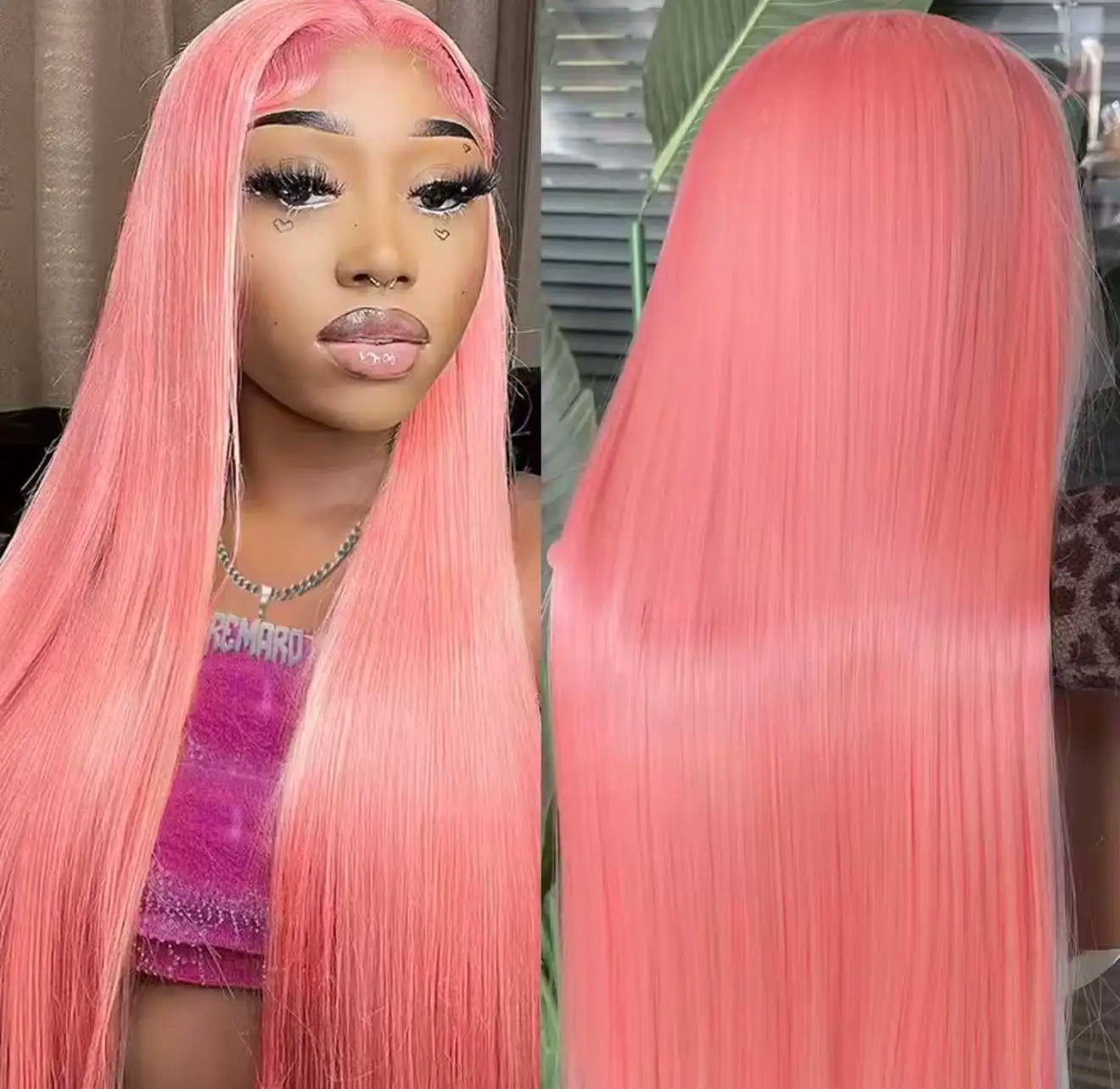Perruque Lace Frontal Wig synthétique lisse et soyeuse de couleur rose, 13x4x1, sans colle, pre-plucked, pour femmes noires, cheveux doux pour fête quotidienne