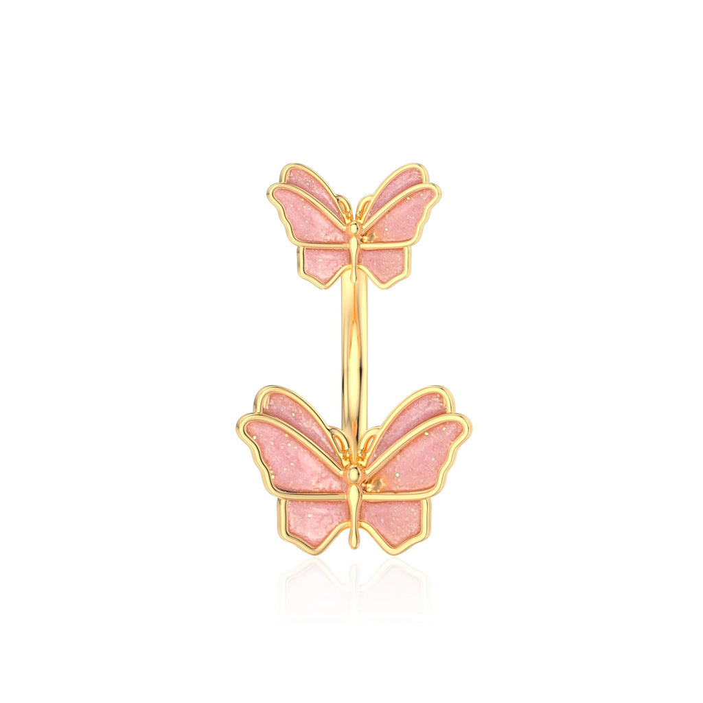 1 pièce Anneau de nombril incurvé en acier inoxydable couleur or avec cristaux CZ, motif papillon abeille, 14G, avec pendentif
