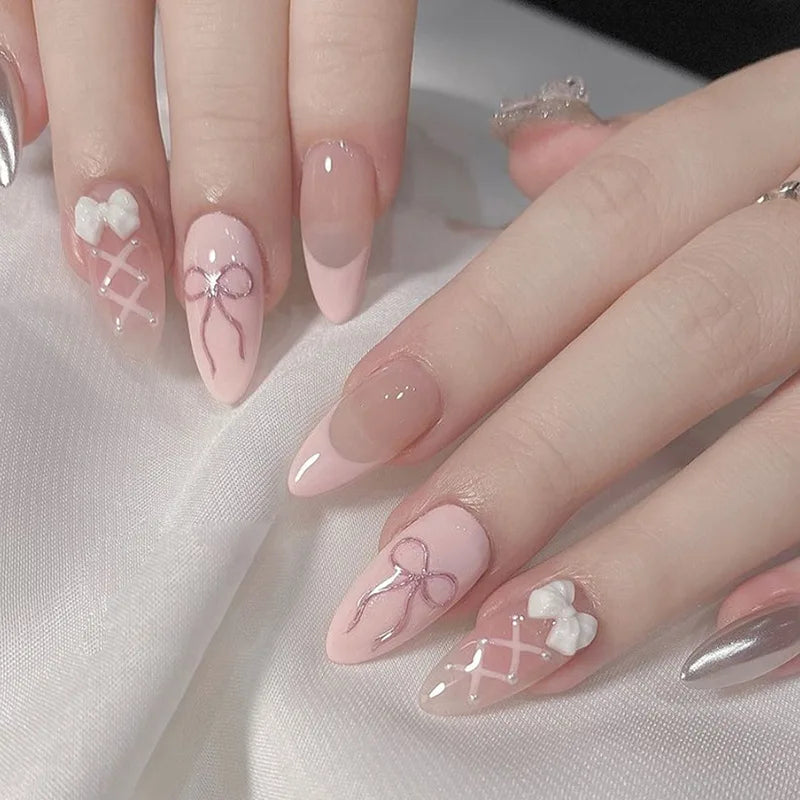 24 pièces doux oeil de chat français presse sur ongles diamant pointu tridimensionnel nœud papillon portable ongles pour femmes et fille amande ongles