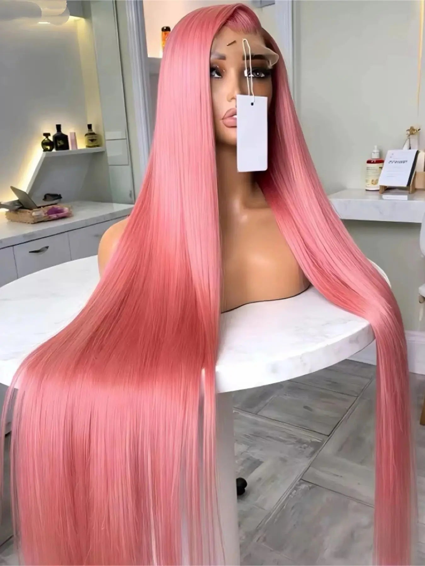 Perruque Lace Frontal Wig synthétique lisse et soyeuse de couleur rose, 13x4x1, sans colle, pre-plucked, pour femmes noires, cheveux doux pour fête quotidienne