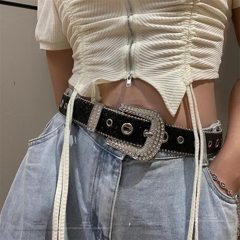 Ceinture femme mode Y2K – imprimé uni, cloutée, entièrement ornée de strass, en cuir PU, brillante style cristal, réglable, ceinture scintillante pour club et soirée