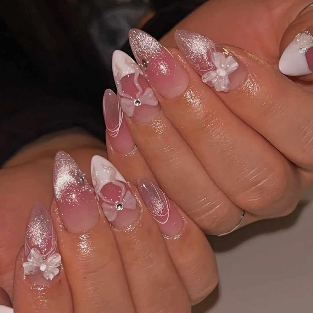 24 pièces de faux ongles à fleurs, style tendance, avec effet dégradé jaune et rose. Ongles portables à couverture complète, forme amande , à poser directement (Press-On Nails).