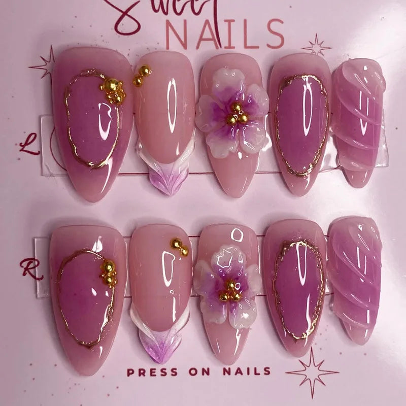 24 pièces mi-long doré amande ongles ensemble presse sur 3D fleur dégradé rose couverture complète faux ongles conseils perle réutilisable faux ongles