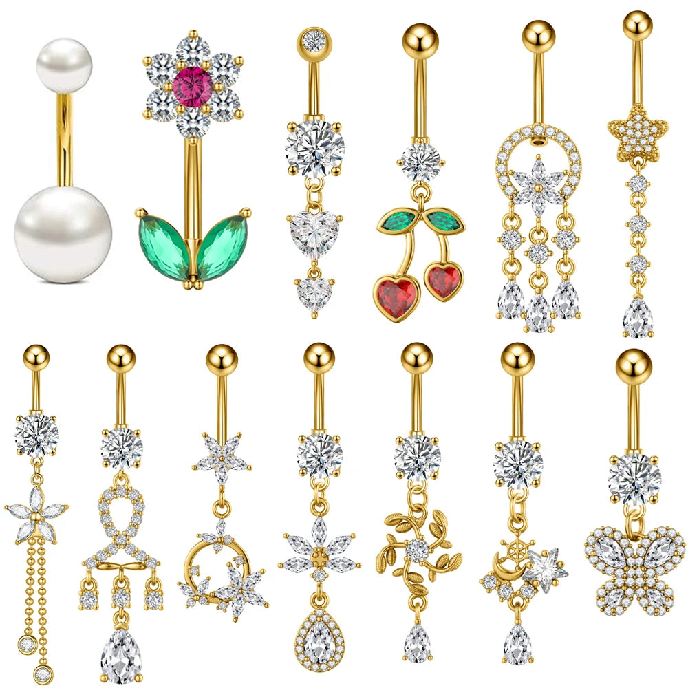 Anneaux de nombril série couleur or, carillon éolien, fleur pendante, cœur, anneau de ventre en acier inoxydable, bijoux de perçage de nombril, 1 pièce