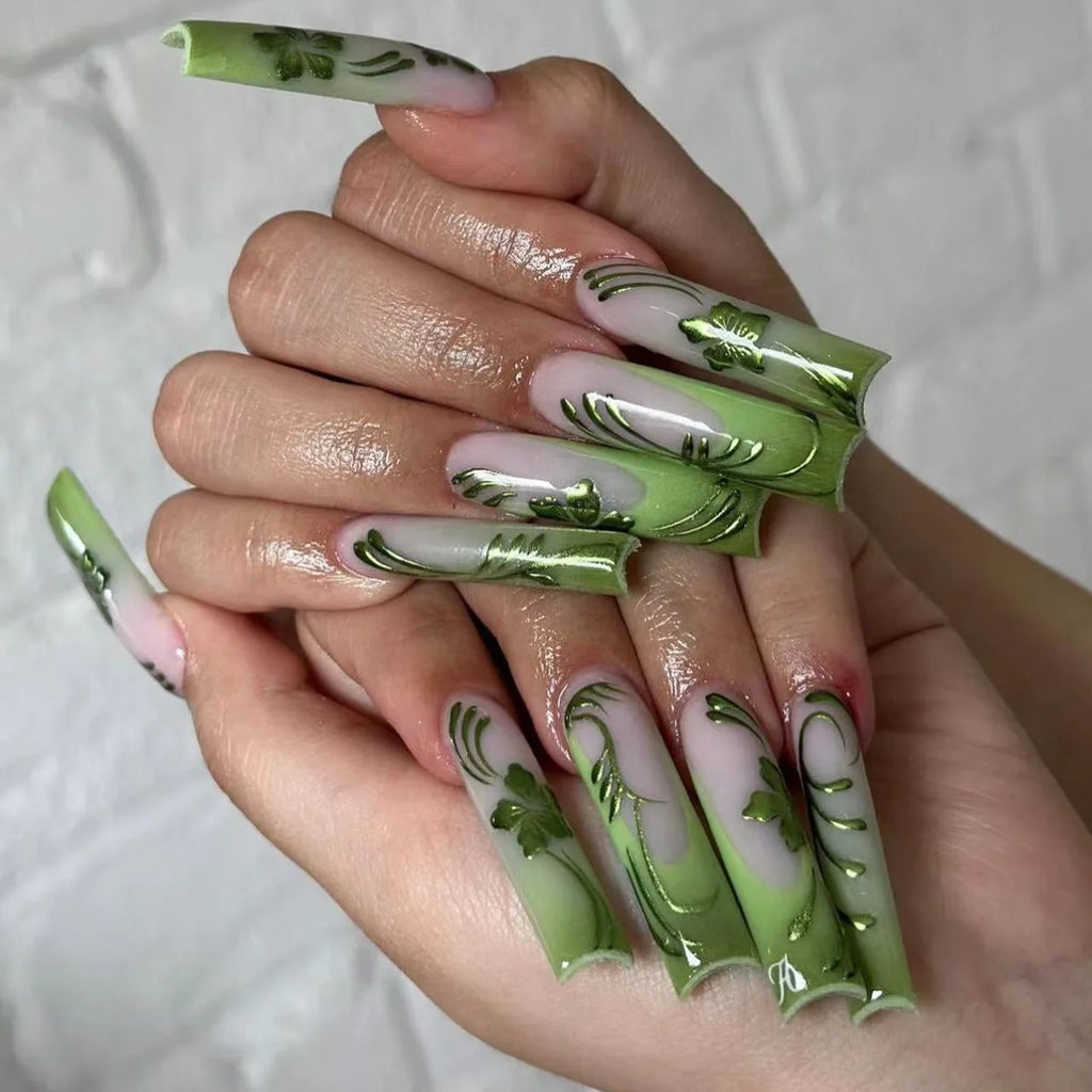 24 faux ongles longs carrés à presser, motif léopard, design cerise 3D, strass, couvrance totale, prêts à poser