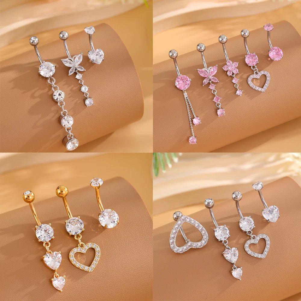 3-5 pièces ensembles de styles mixtes coeur fleur balancent nombril anneaux en acier inoxydable papillon incurvé Zircon ventre Piercing nombril anneau