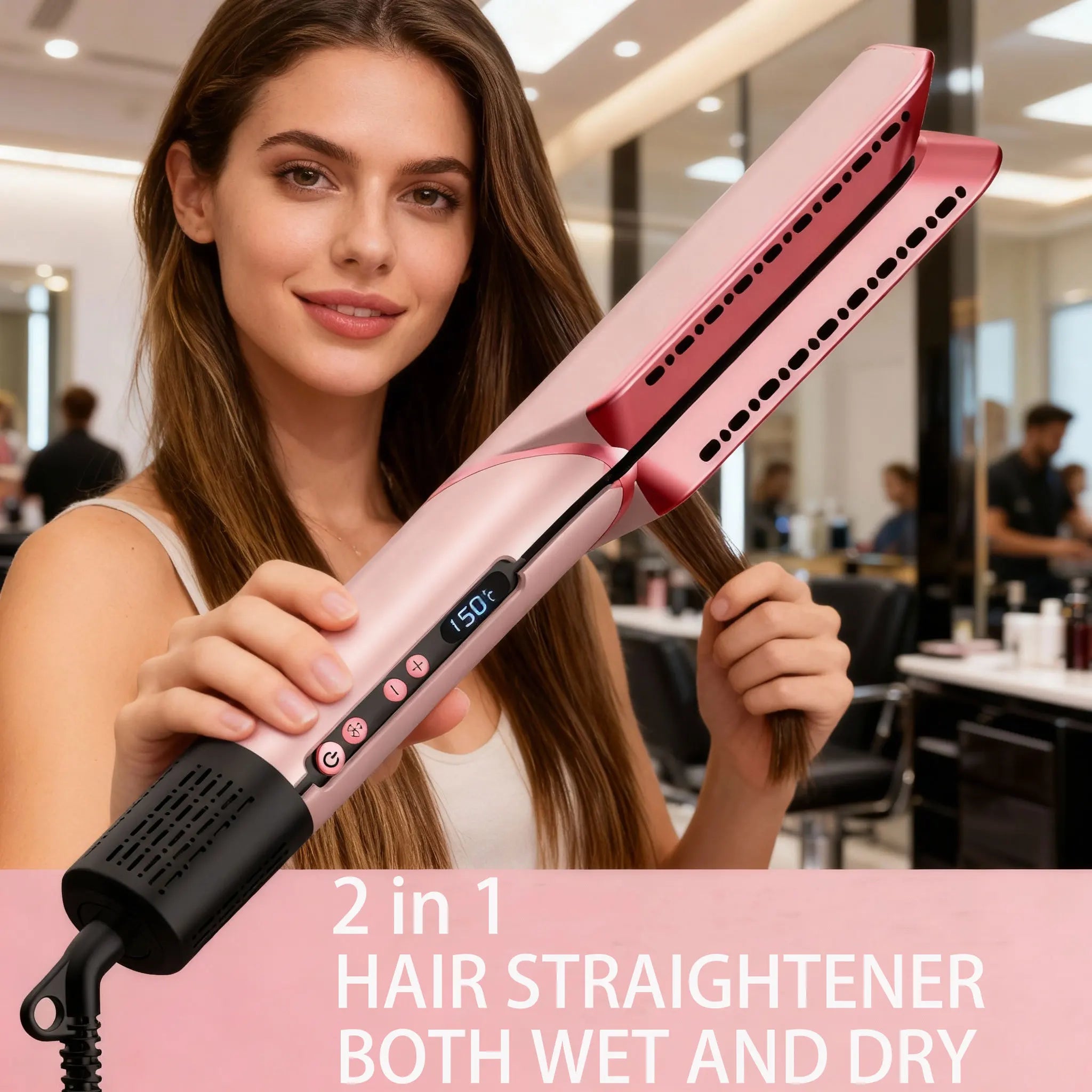 Lisseur et sèche-cheveux professionnel 2 en 1, utilisation sèche et humide, chauffage par ions négatifs, affichage en fer plat, brosse à lisser pour coiffure à l'air