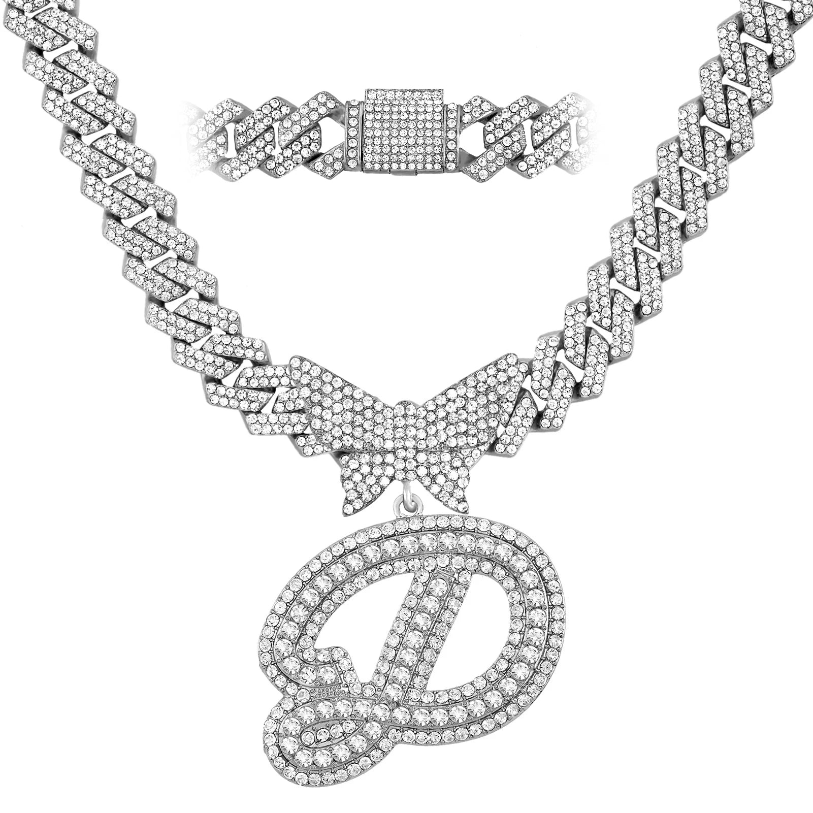 Collier chaîne cubaine 14 mm pour hommes et femmes, avec pendentif papillon en cristal et initiales, lettres cursives style “iced out”, bijou de style rappeur, nouveau bijou de mode.