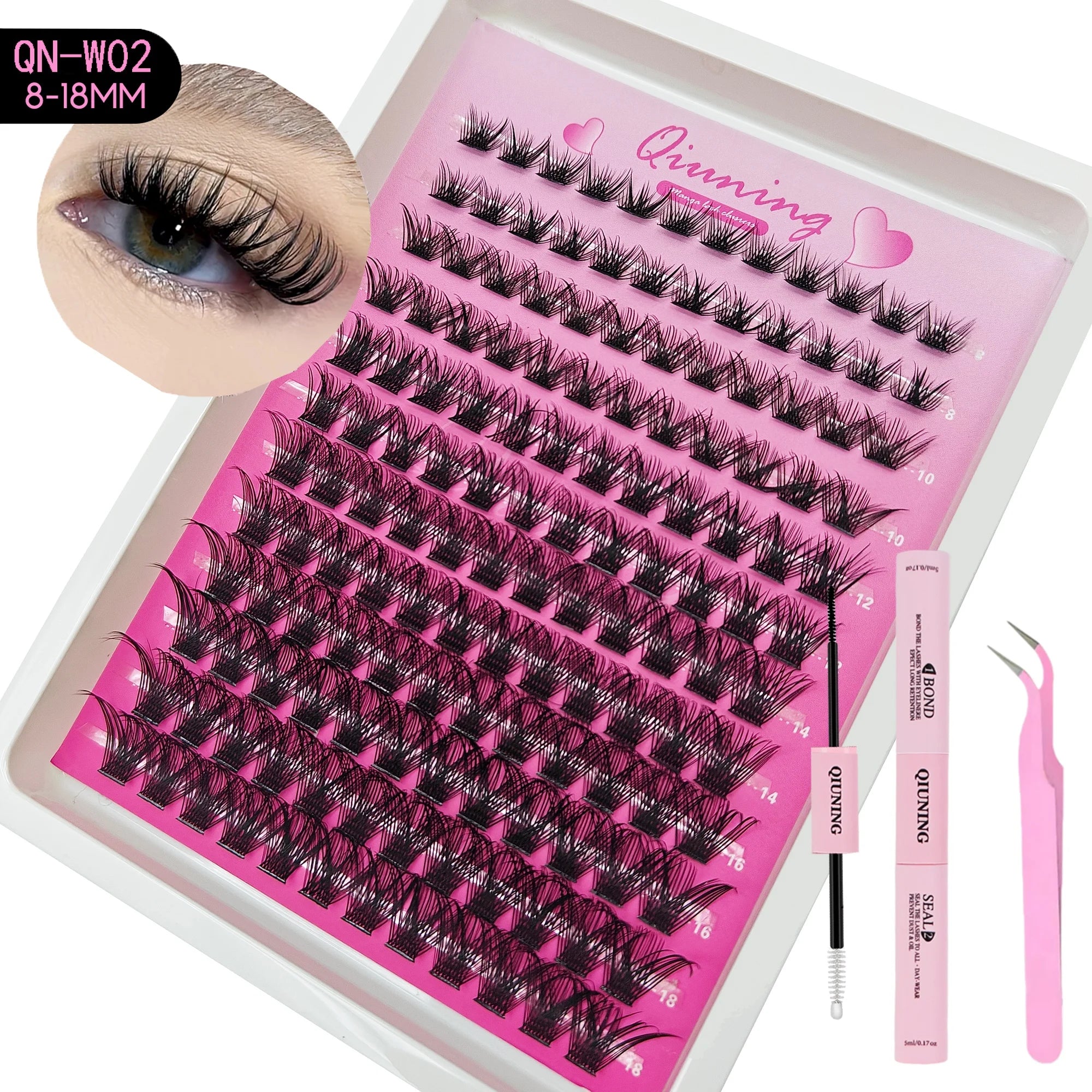 Kit de bouquets de cils type manga QIUNING (cils “cat eye”) avec colle et fixateur pour extensions de cils en grappes, plateau mixte de bouquets de cils.