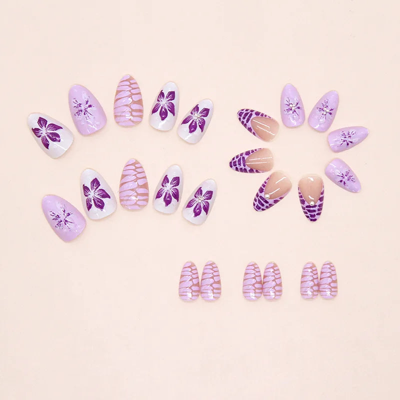 Faux ongles 3D pour femmes et filles, dégradé de fleurs en relief marron bleu avec strass, pointes d'amande d'automne et d'hiver à pression sur les faux ongles