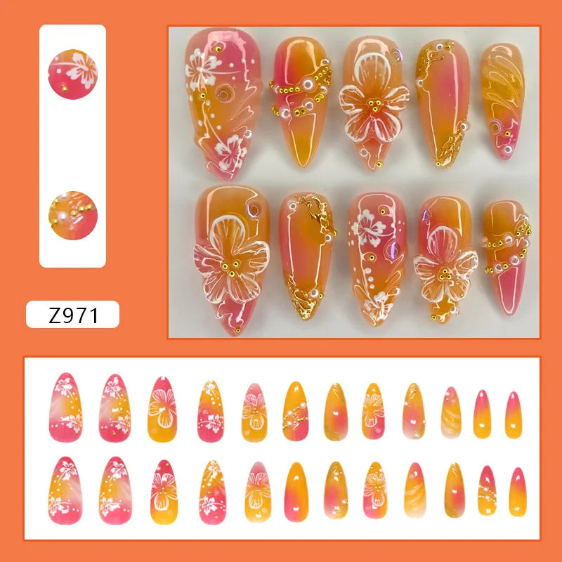 24 pièces de faux ongles à fleurs, style tendance, avec effet dégradé jaune et rose. Ongles portables à couverture complète, forme amande , à poser directement (Press-On Nails).