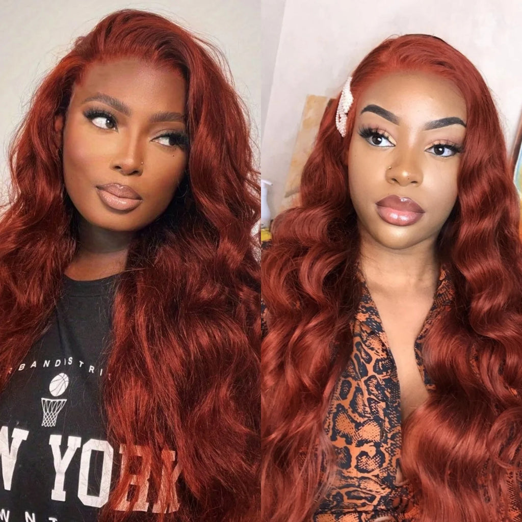Perruque synthétique à ondulations souples (Body Wave) avec lace frontale, sans colle (glueless). Coloration brun roux cuivré (Auburn/Copper Red) pour un effet naturel et lumineux.