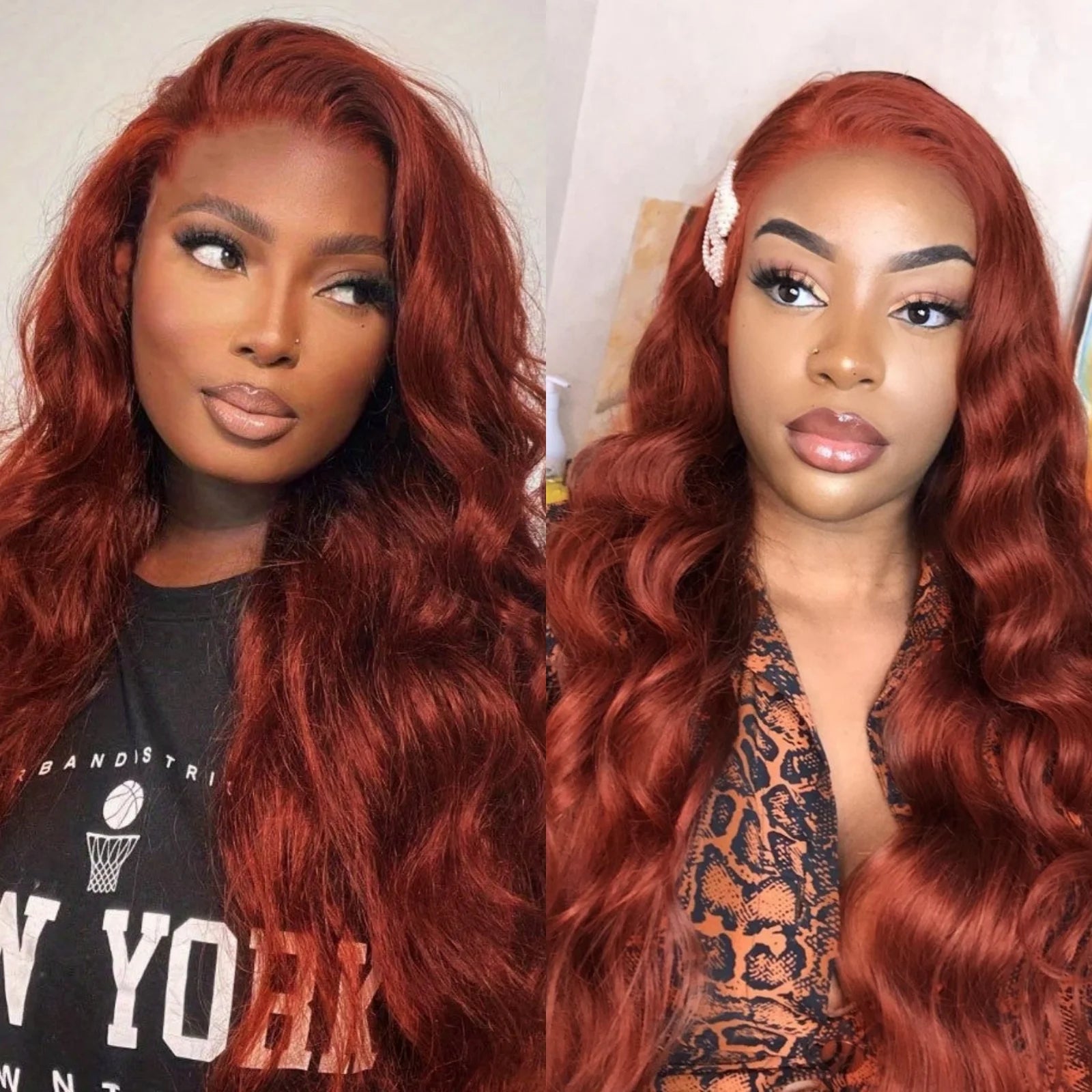 Perruque synthétique à ondulations souples (Body Wave) avec lace frontale, sans colle (glueless). Coloration brun roux cuivré (Auburn/Copper Red) pour un effet naturel et lumineux.