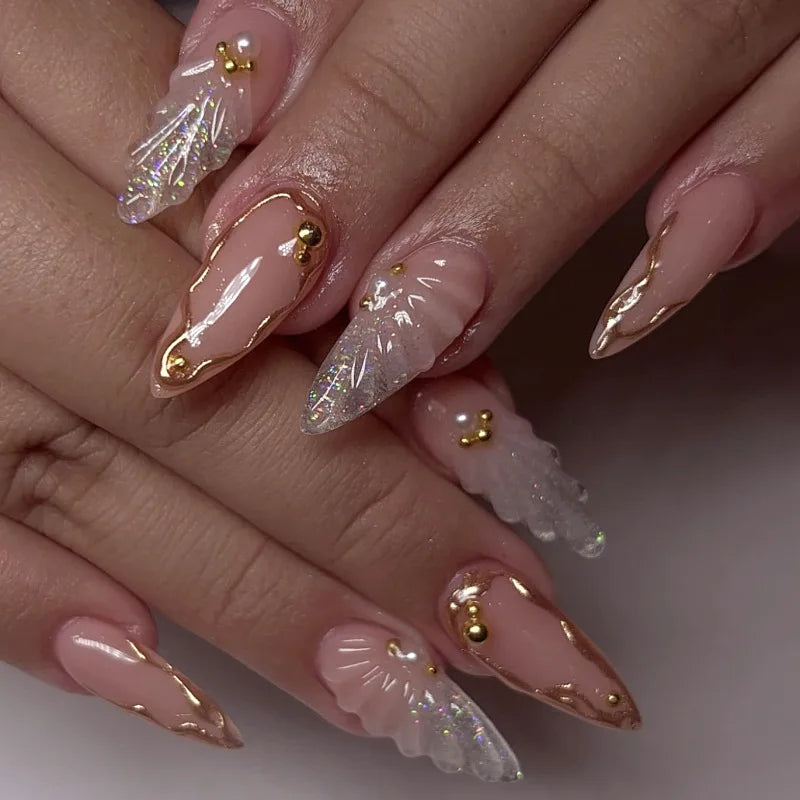 24 pièces de faux ongles à fleurs, style tendance, avec effet dégradé jaune et rose. Ongles portables à couverture complète, forme amande , à poser directement (Press-On Nails).