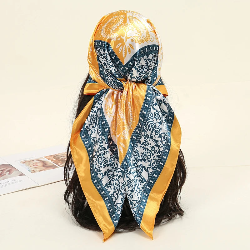 Foulard carré en soie pour femmes, nouveau Design de luxe, Style populaire, quatre saisons, protection solaire, foulard de plage, Hijab, 90x90CM